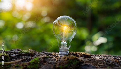 Renewable energy is a crucial factor in achieving environmental protection while meeting business goals. The image illustrates this concept with a light bulb symbolizing innovative, sustainable soluti photo