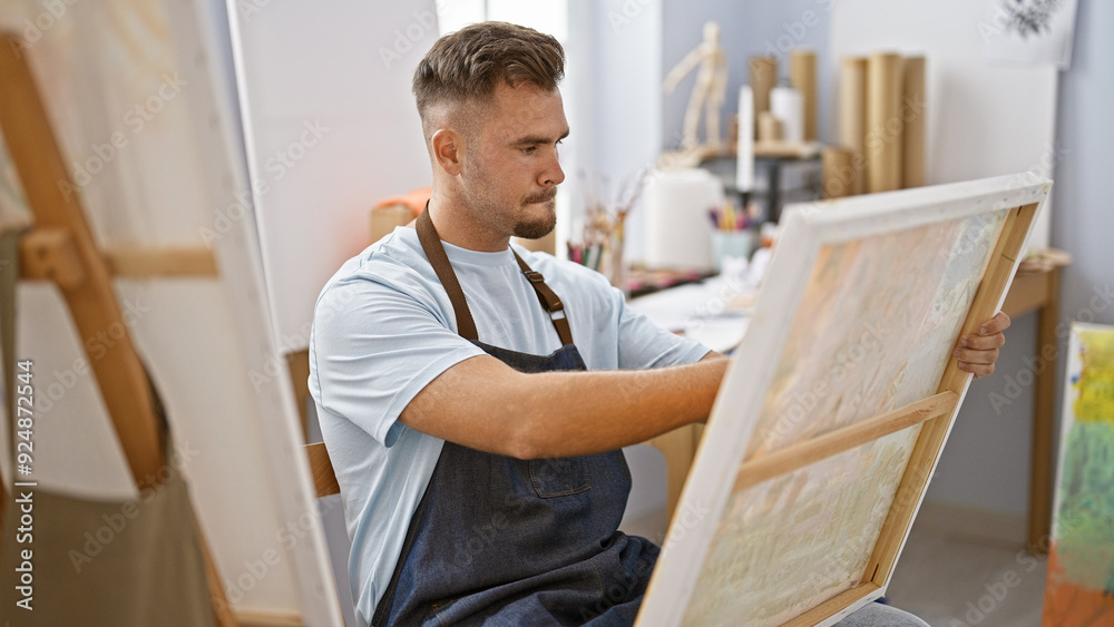 A focused young man with a beard painting on a canvas in an art studio, exuding creativity and concentration. A focused young man with a beard painting on a canvas in an art studio, exuding creativity and concentration.
