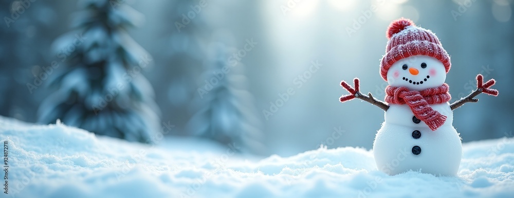 Obraz premium Cheerful Snowman with Red Hat Celebrating Winter against Snowy Forest Background