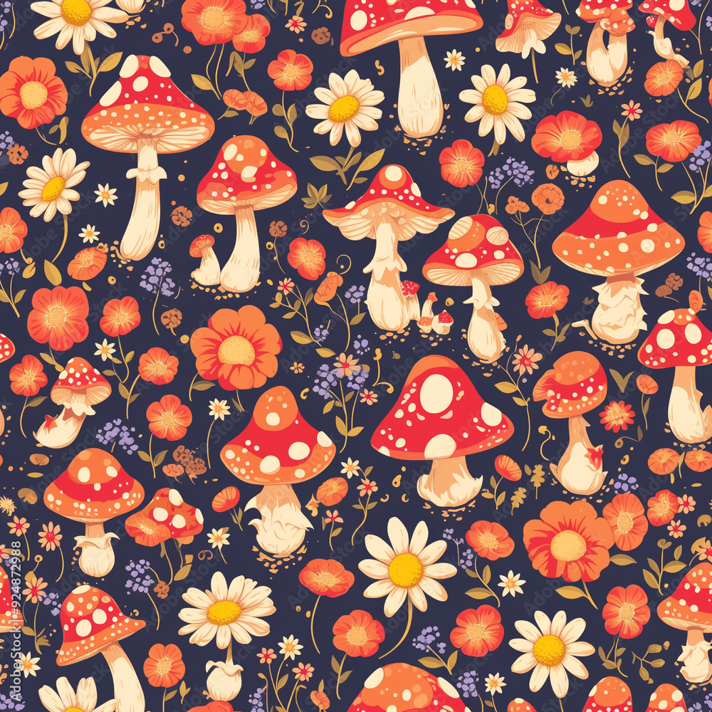 A pattern of mushrooms and flowers on a dark blue background A pattern of mushrooms and flowers on a dark blue background