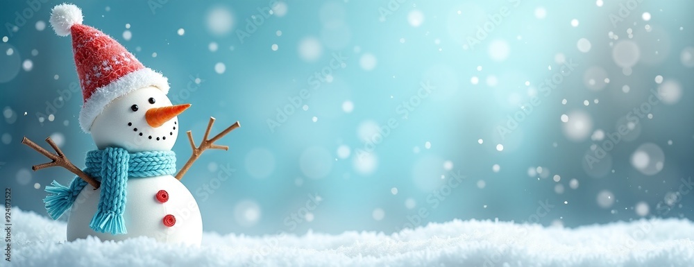 Fototapeta premium Cheerful Snowman with Santa Hat Celebrating Winter Against Snowy Blue Background with Copy Space