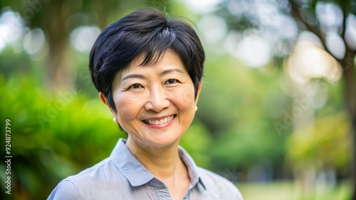 Warmly smiling Asian woman in her 50s with short black hair and gentle wrinkles, exuding confidence and serenity in a soft, natural outdoors setting.