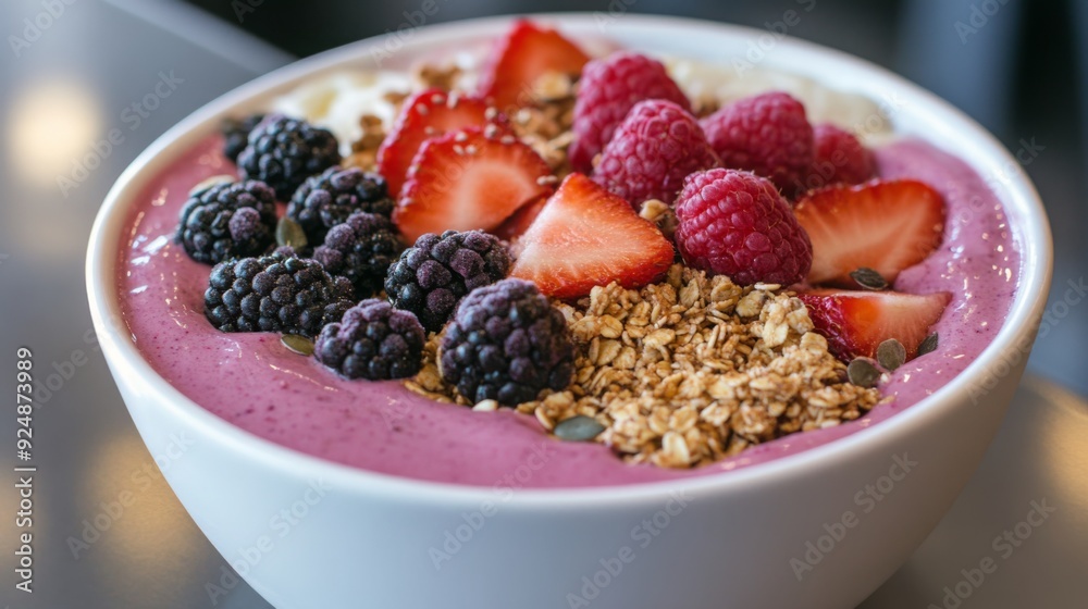 A vibrant smoothie bowl features a blend of berries, topped with granola, strawberries, and raspberries, served in a cozy cafe. A vibrant smoothie bowl features a blend of berries, topped with granola, strawberries, and raspberries, served in a cozy cafe.