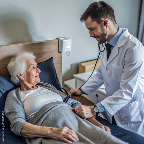 An elderly woman is lying on a bed, a doctor is sitting next to her and measuring her blood pressure