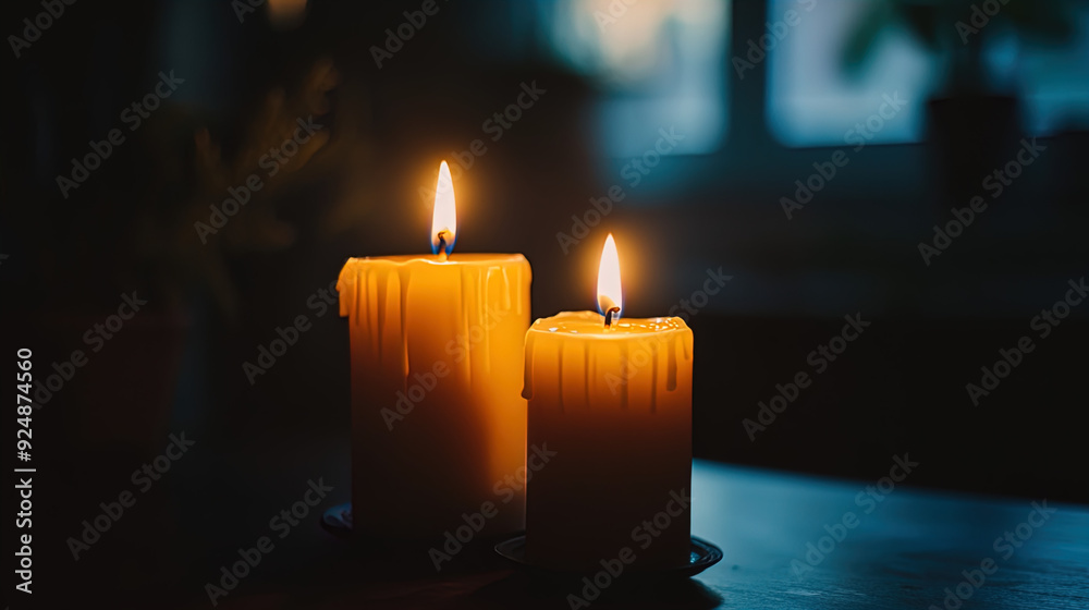 Two large yellow candles with visible melted wax are burning with steady flames in a dimly lit room. The backdrop is slightly blurred, including a faint outline of a window with some natural light shi Two large yellow candles with visible melted wax are burning with steady flames in a dimly lit room. The backdrop is slightly blurred, including a faint outline of a window with some natural light shi