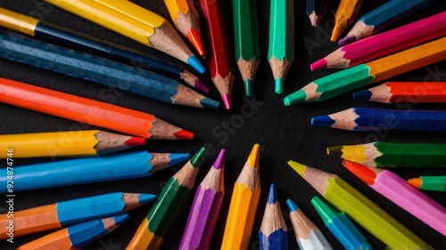 Bright felt pens and pencils at bottom of dark background