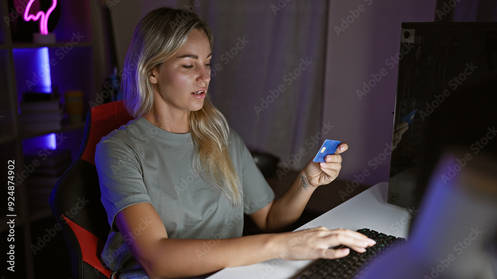 A blonde woman holds a credit card while using a computer in a dimly lit gaming room at night. A blonde woman holds a credit card while using a computer in a dimly lit gaming room at night.