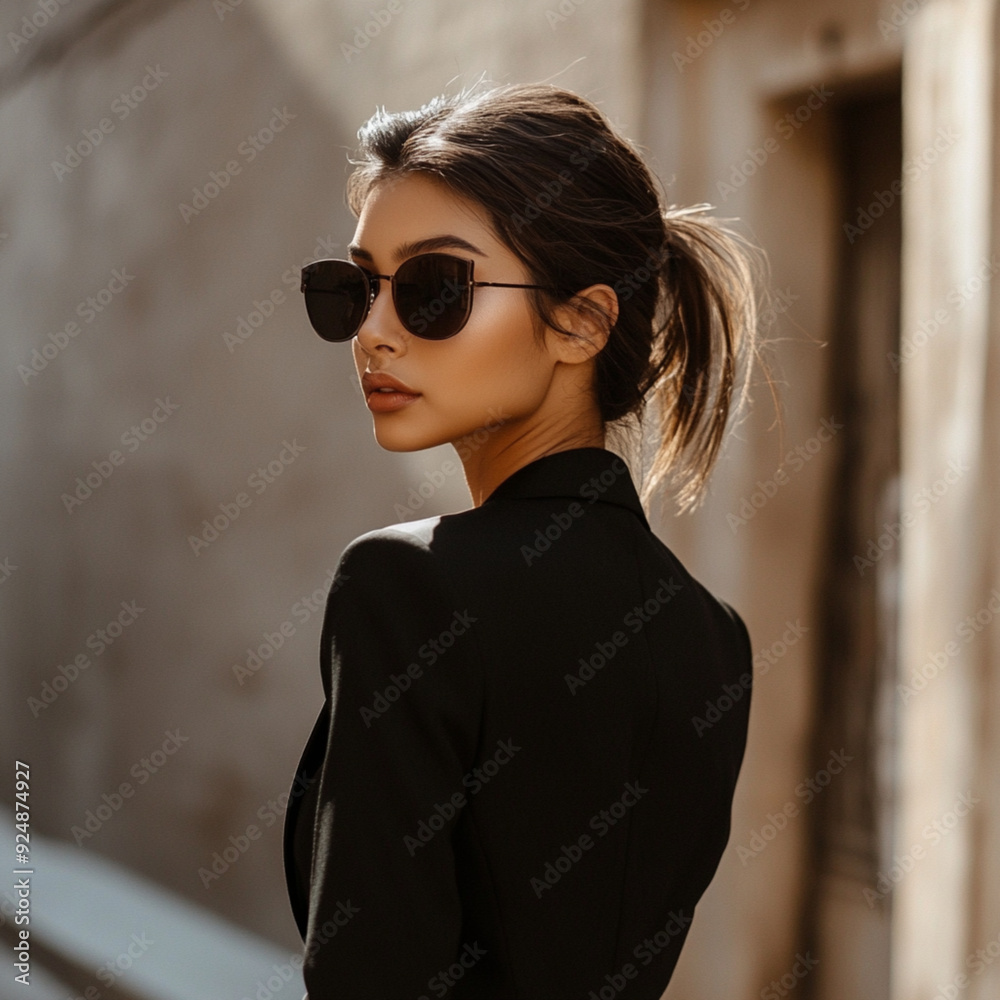 An attractive brunette woman on a street. She is wearing sunglasses and a dark suit looking to her side. An attractive brunette woman on a street. She is wearing sunglasses and a dark suit looking to her side.