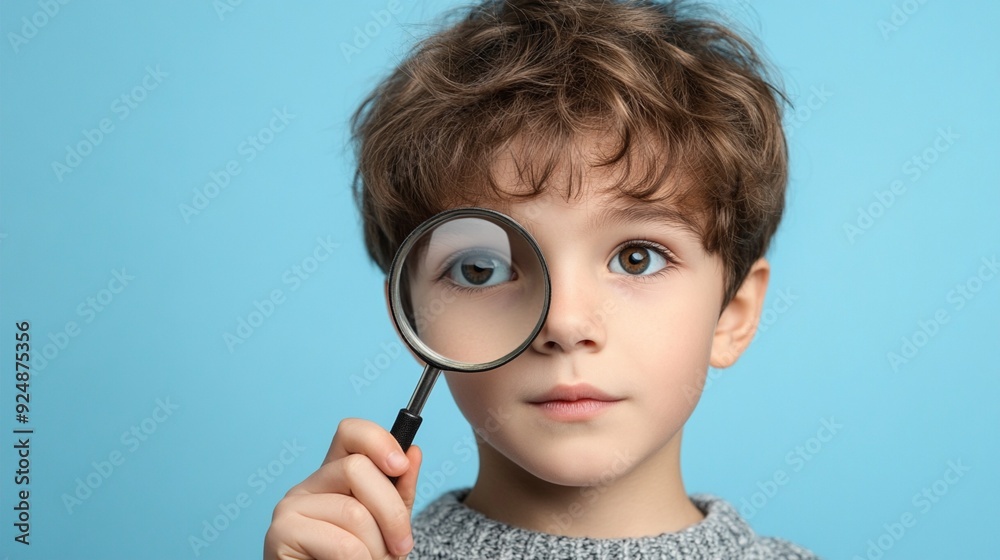 Curious young boy with curly hair holding magnifying glass to eye, exploring and discovering on bright blue background. Childhood wonder captured. Curious young boy with curly hair holding magnifying glass to eye, exploring and discovering on bright blue background. Childhood wonder captured.