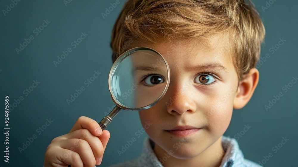 Curious young boy with blonde hair holding a magnifying glass to his eye, exploring and investigating against a teal background with a playful expression. Curious young boy with blonde hair holding a magnifying glass to his eye, exploring and investigating against a teal background with a playful expression.