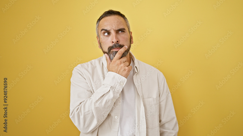 A mature hispanic man with a beard and grey hair, wearing a white shirt, poses thoughtfully against a yellow wall. A mature hispanic man with a beard and grey hair, wearing a white shirt, poses thoughtfully against a yellow wall.