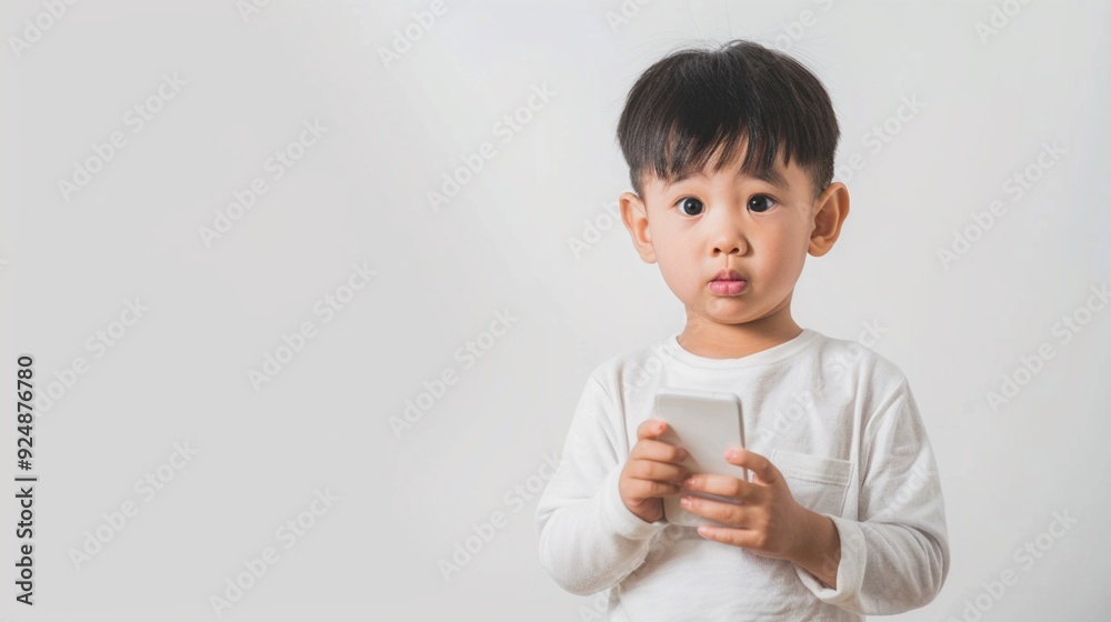Curious young Asian boy in white sweater holds smartphone, gazing intently at camera against plain background, embodying childhood in digital age. Curious young Asian boy in white sweater holds smartphone, gazing intently at camera against plain background, embodying childhood in digital age.