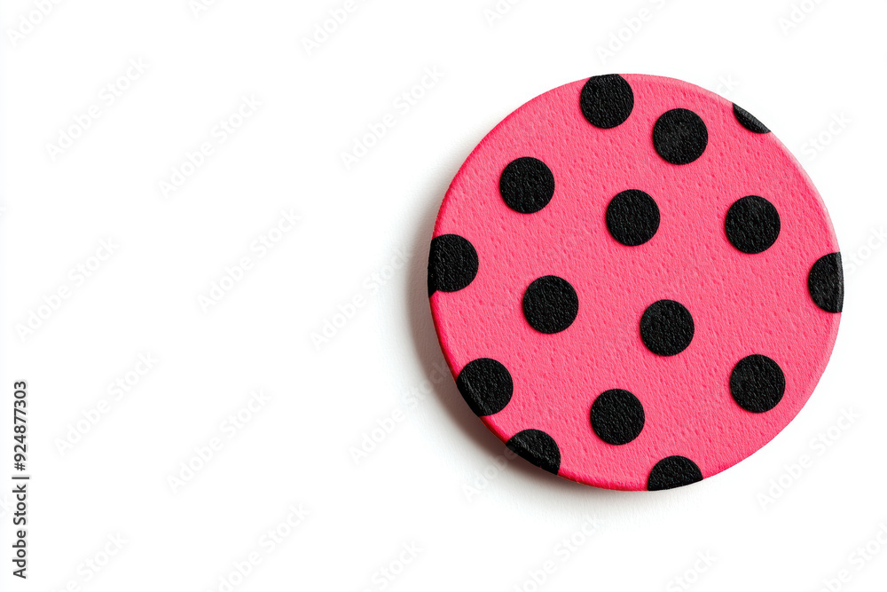 A pink and black polka dot object with black dots on it A pink and black polka dot object with black dots on it