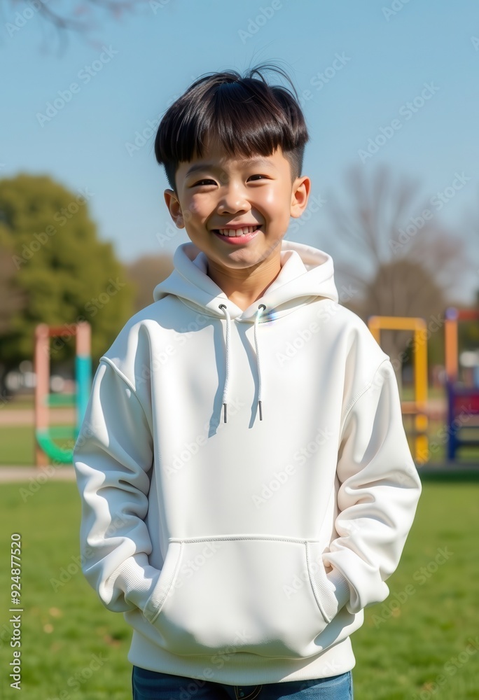 Young boy in a white hoodie smiling outdoors at a playground on a sunny day