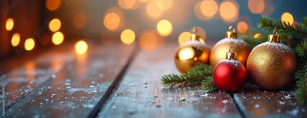 Festive Christmas ornaments glowing warmly on rustic wooden table with bokeh lights background Festive Christmas ornaments glowing warmly on rustic wooden table with bokeh lights background