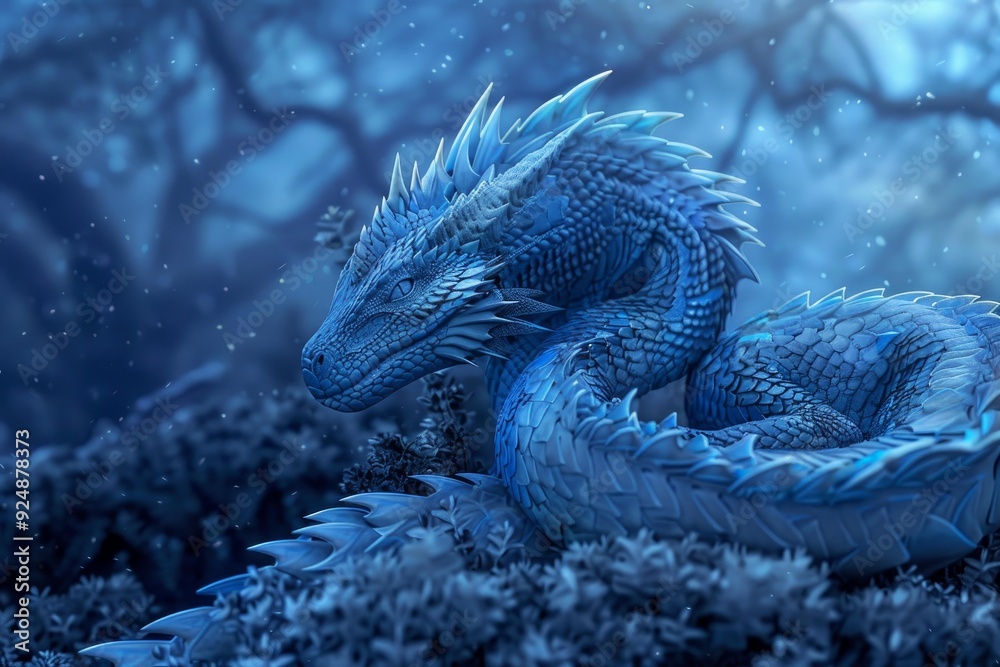 Blue dragon with glowing eyes is resting on a cold winter night in a snowy forest Blue dragon with glowing eyes is resting on a cold winter night in a snowy forest