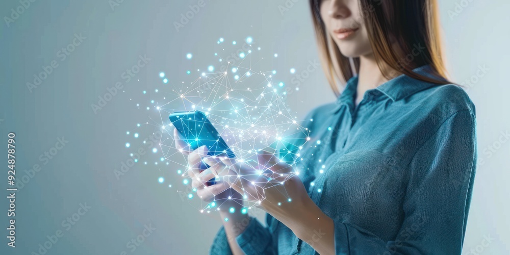 Woman using smartphone with glowing network connection Woman using smartphone with glowing network connection