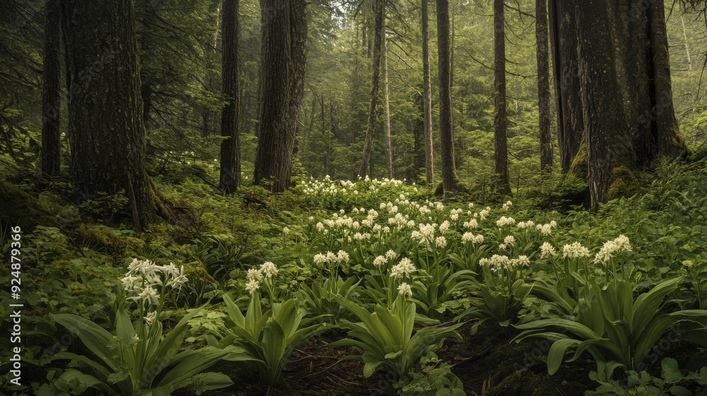 Lilies bloom densely in Oregon forest. Lilies bloom densely in Oregon forest.