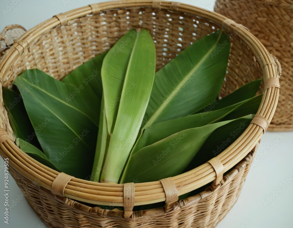 Obraz premium Banana leaves in bamboo basket on white background. Ai generated image.
