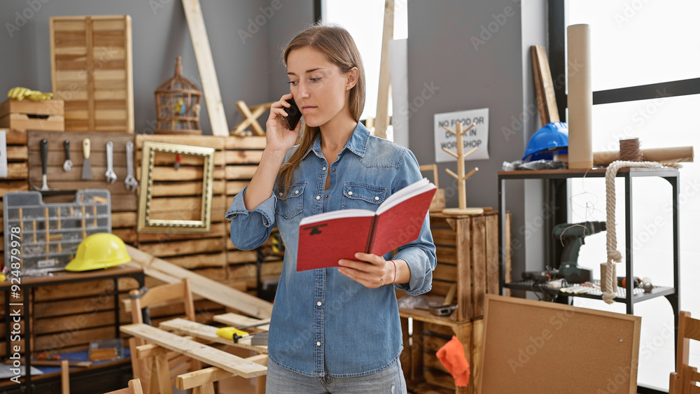 Young woman reading a notebook and talking on the phone in a carpentry workshop Young woman reading a notebook and talking on the phone in a carpentry workshop