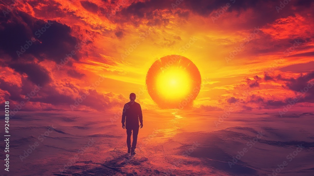 Man Walking Towards a Glowing Circle in a Dramatic Sunset Man Walking Towards a Glowing Circle in a Dramatic Sunset