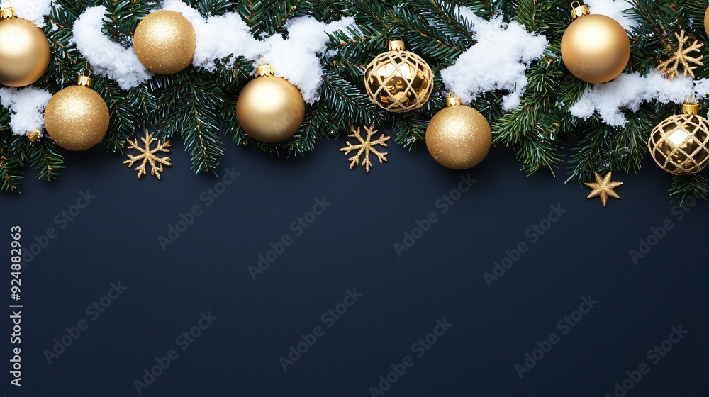 Fototapeta premium Elegant Christmas garland with snow and golden ornaments set against a plain dark background with ample copy space