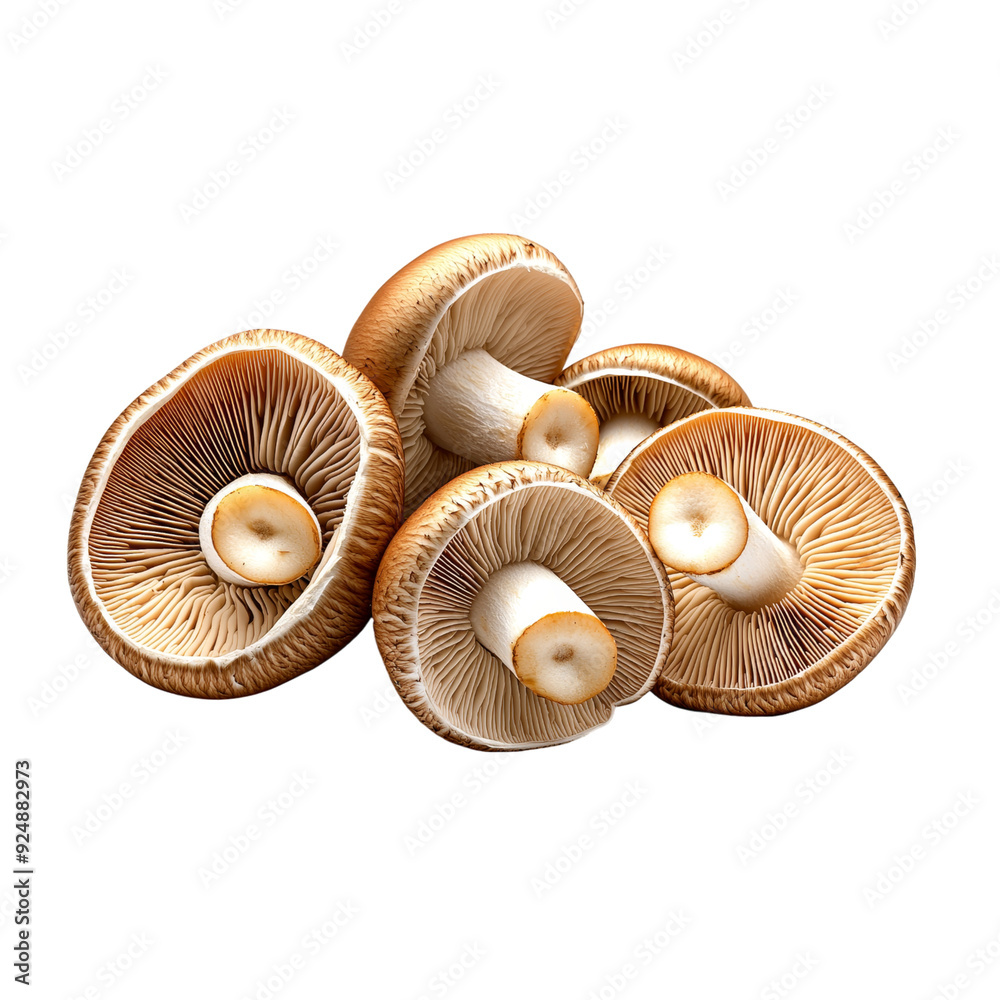A pile of fresh mushrooms with gills visible, 3D illustration, earthy brown, isolated on white background. 