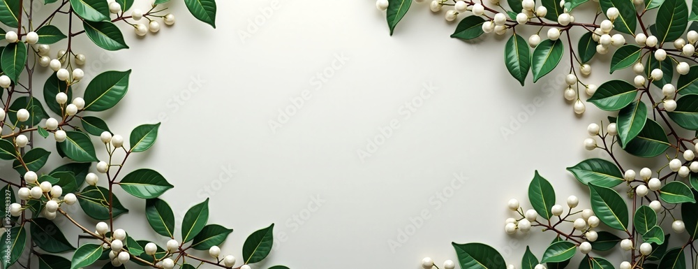 Fototapeta premium Green leaves and white berries elegant frame with copy space against white background