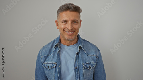 Handsome middle-aged caucasian man smiling confidently against an isolated white background