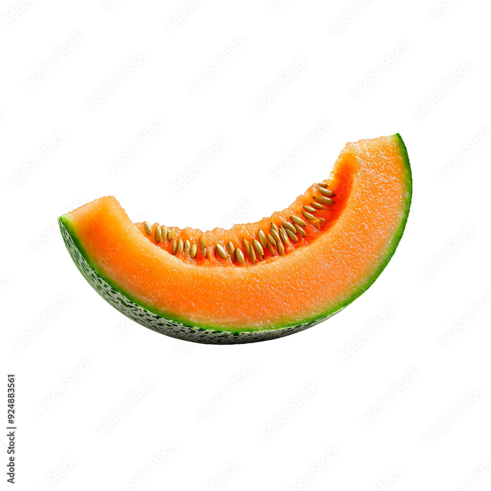 A sliced cantaloupe melon, photorealistic, pale orange with seeds, isolated on white background. A sliced cantaloupe melon, photorealistic, pale orange with seeds, isolated on white background.