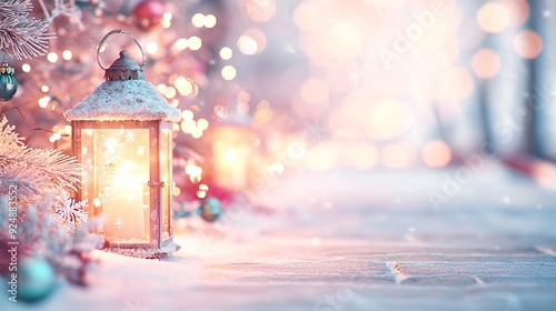 Frost covered lanterns illuminating a vibrant winter path lined with snow and Christmas decorations evoking a sense of warmth and festivity