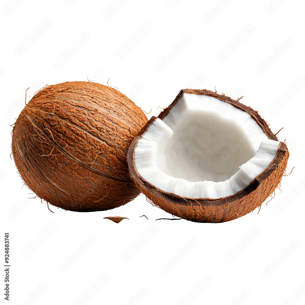 A whole coconut and a halved one, photorealistic, brown and white contrast, isolated on white background. 