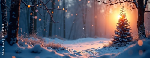 Magical winter forest with glowing Christmas tree against snowy sunset background