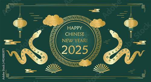 Chinese traditional pattern golden round frame with snakes, Chinese gold fan, asian ornaments and lanterns green background. Greeting vector card template. Lunar New Year