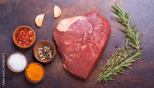 top view shot of a raw italian tagliata, beaf steak., on a wooden chopboard with rosemary and salt with a bottle of olive oil and pink pepper. ai generated photo