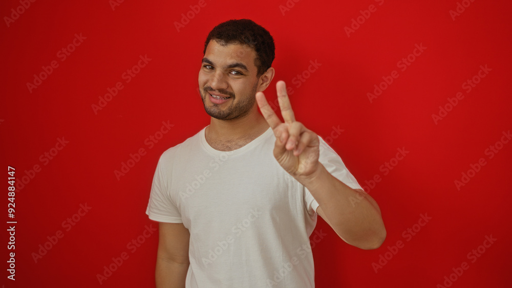 Young hispanic man making a peace sign in front of a red wall, wearing a white shirt and smiling confidently showcasing an attractive and friendly demeanor. Young hispanic man making a peace sign in front of a red wall, wearing a white shirt and smiling confidently showcasing an attractive and friendly demeanor.