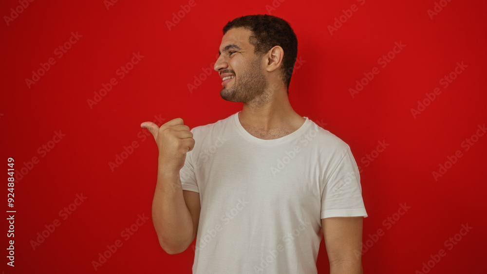 Attractive young hispanic man pointing with his thumb over a red background Attractive young hispanic man pointing with his thumb over a red background