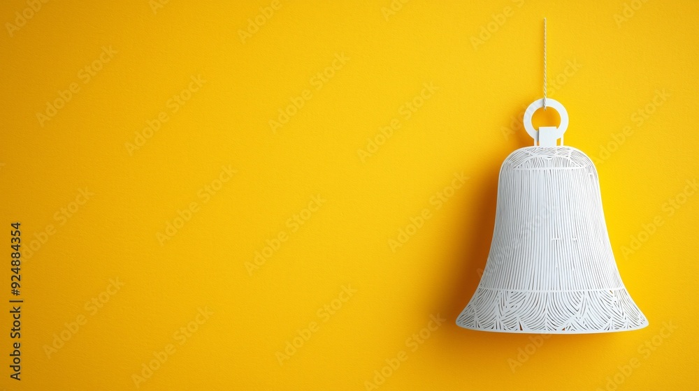Frosted Christmas bell in papercut style on a vibrant yellow background plain color with copy space for holiday promotions Frosted Christmas bell in papercut style on a vibrant yellow background plain color with copy space for holiday promotions