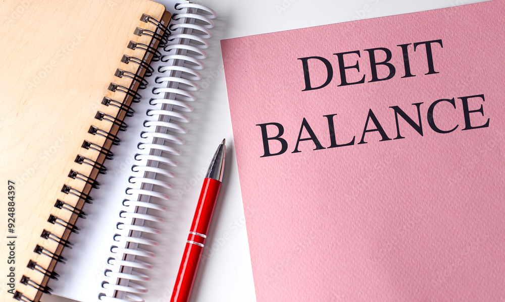 DEBIT BALANCE text on pink paper with notebooks DEBIT BALANCE text on pink paper with notebooks