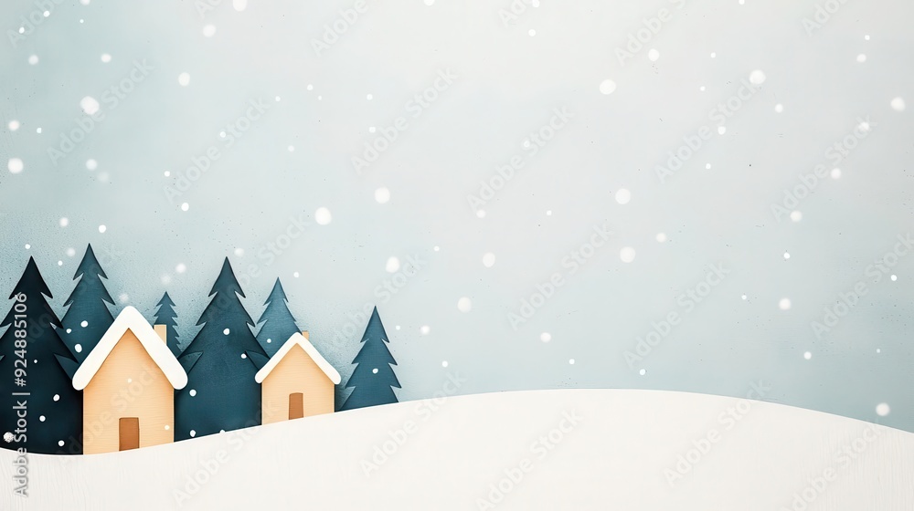 Fototapeta premium Winter wonderland with snow falling on houses and trees.