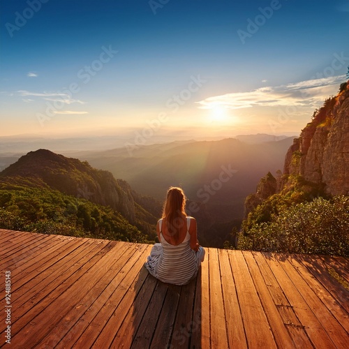 Picture from the back of a woman sitting on wooden porch extending into a high mountain cliff. The sun is setting on the mountain and there is a beautiful warm orange light. The traveling background.