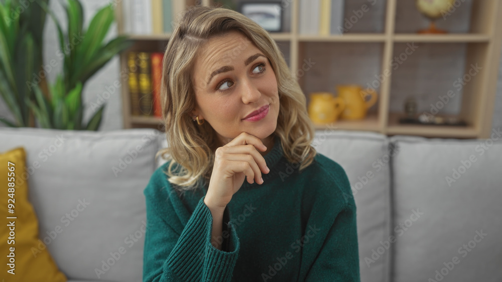 Thoughtful blonde woman relaxing in a cozy living room, conveying a sense of peaceful lifestyle. Thoughtful blonde woman relaxing in a cozy living room, conveying a sense of peaceful lifestyle.