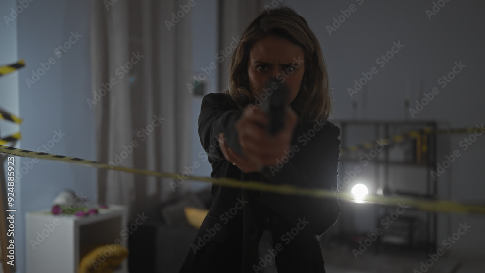 Intense woman aiming a gun in a dimly lit crime scene room cordoned off with caution tape Intense woman aiming a gun in a dimly lit crime scene room cordoned off with caution tape