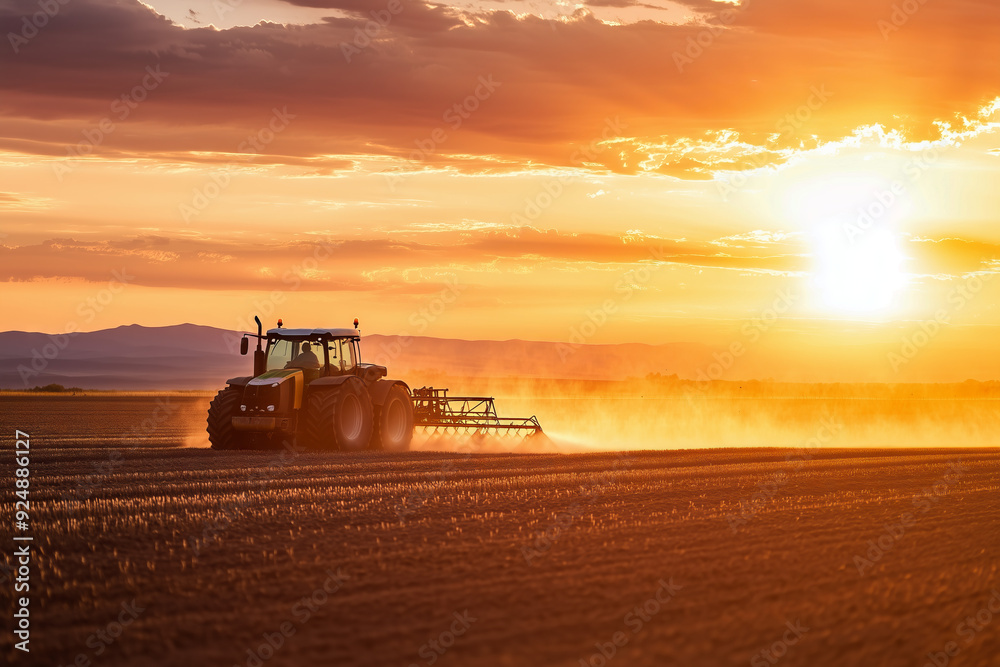 Obraz premium A tractor equipped with a high hitch sprayer operates in a vast field during sunset, casting a warm, golden glow over the landscape. The scene captures the essence of agricultural work at dusk