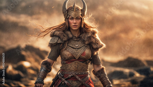 Viking woman warrior. Scandinavian warrior woman in armor on the battlefield photo