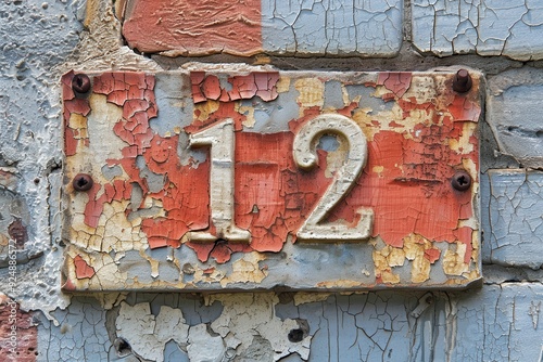 Twelve. Figure 12 Hand Painted on Weathered Plaster Brick Wall Background photo