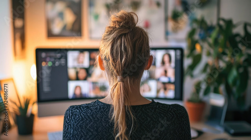 A Woman Communicating with Colleagues on Video Call