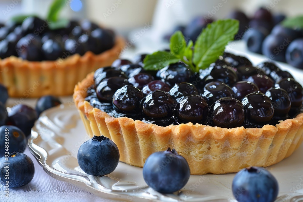 Freshly baked blueberry tartlets with fresh blueberries and mint leaves on white plate