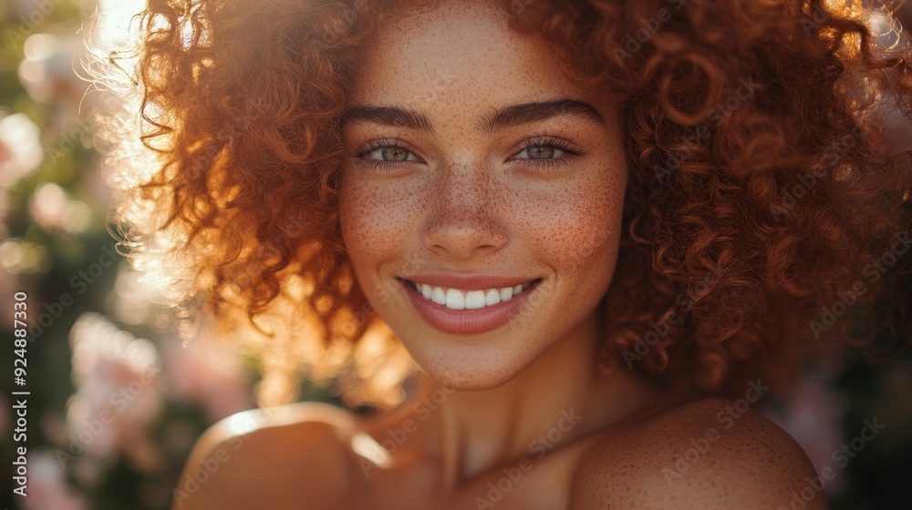 Radiant woman with curly hair smiling in sunlight - generative ai Radiant woman with curly hair smiling in sunlight - generative ai
