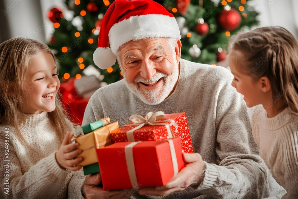 Grandfather Sharing Christmas Gifts with Happy Granddaughters Grandfather Sharing Christmas Gifts with Happy Granddaughters